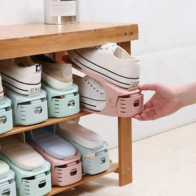 adjustable double deck space saving shoe slot stacker